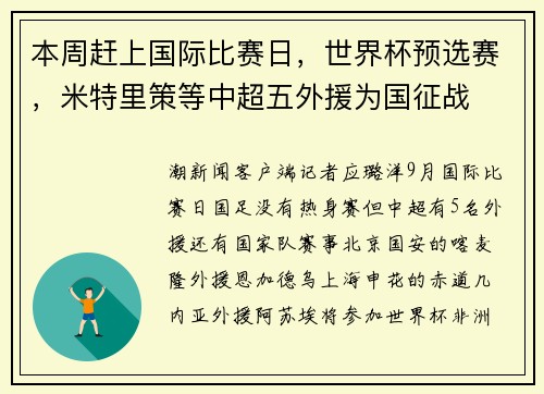 本周赶上国际比赛日，世界杯预选赛，米特里策等中超五外援为国征战